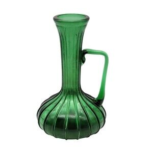 Vintage MCM Hand Blown Emerald Green Ribbed Optic Pitcher Ewer 7.5"